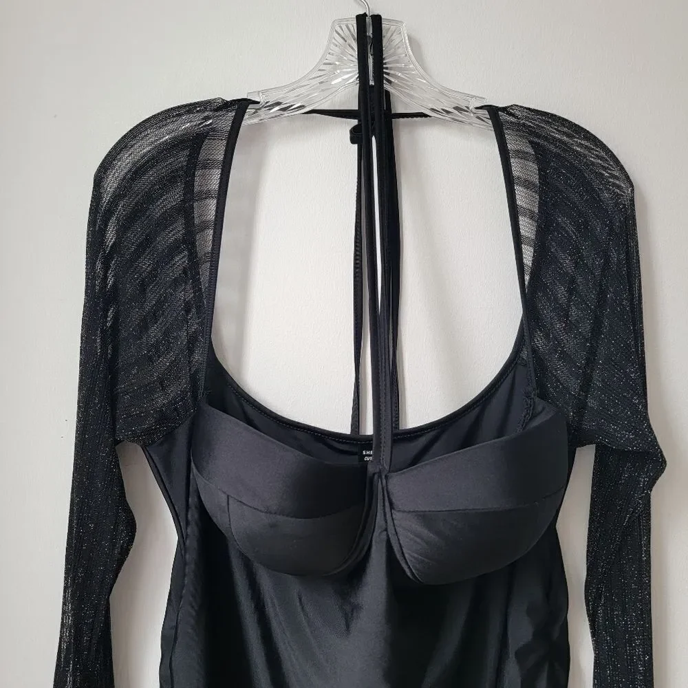 SHEIN CURVE Y2K Whimsigoth Dress Lace Mesh Bell Sleeves Witchy Bodycon Goblin